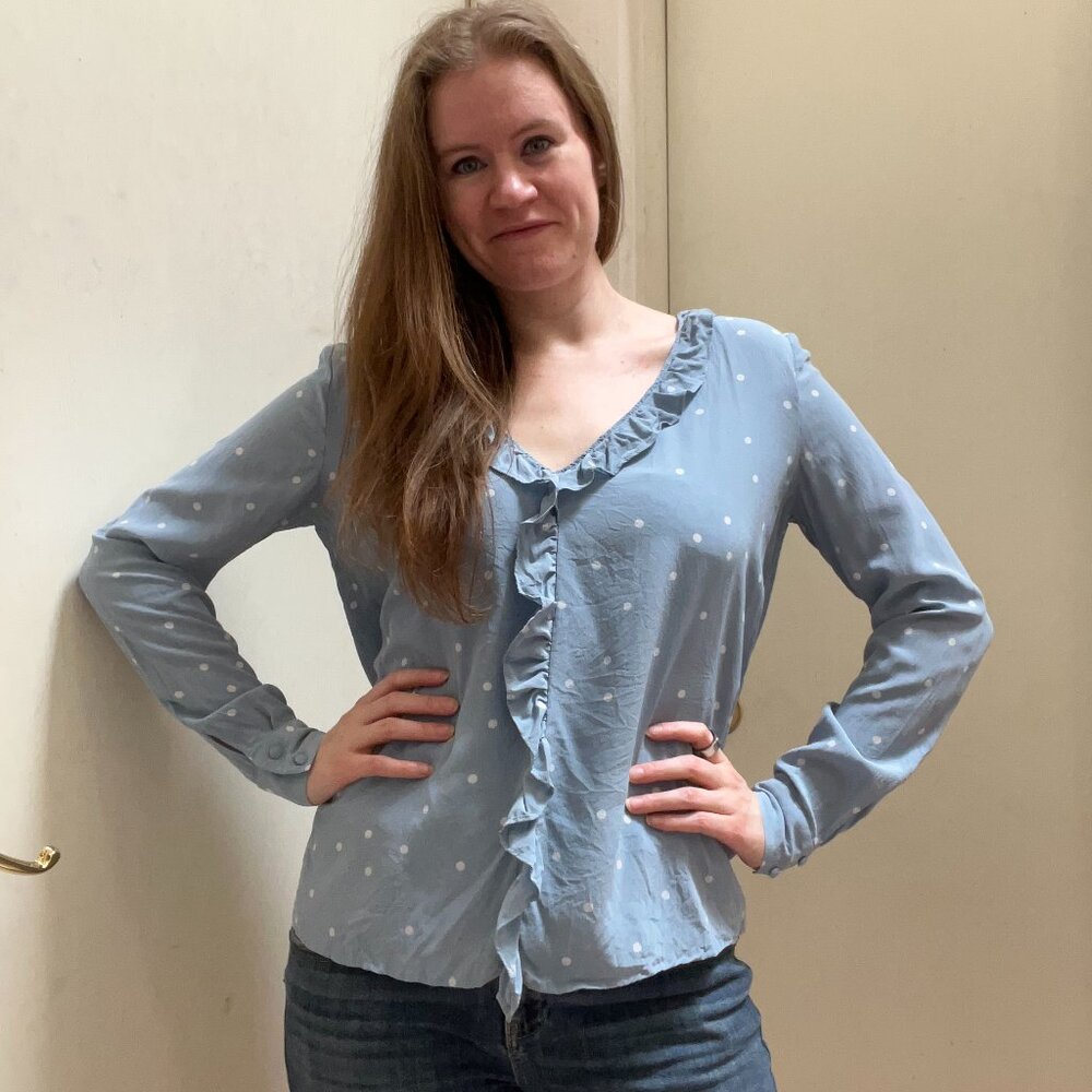 Sézane Light Blue Silk Ruffle Blouse w/ White Polka Dots | Size 40 (US 8/M)